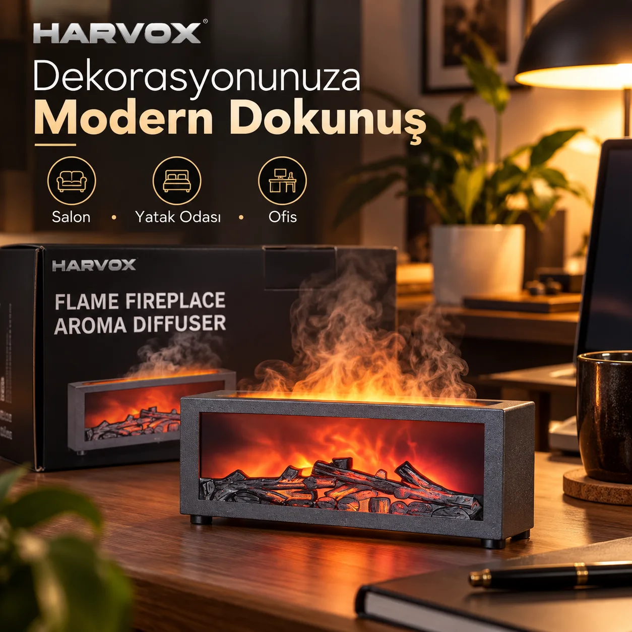 Harvox Alev Efektli Aroma Difüzör – Ultrasonik Hava Nemlendirici ve Aromaterapi Cihazı