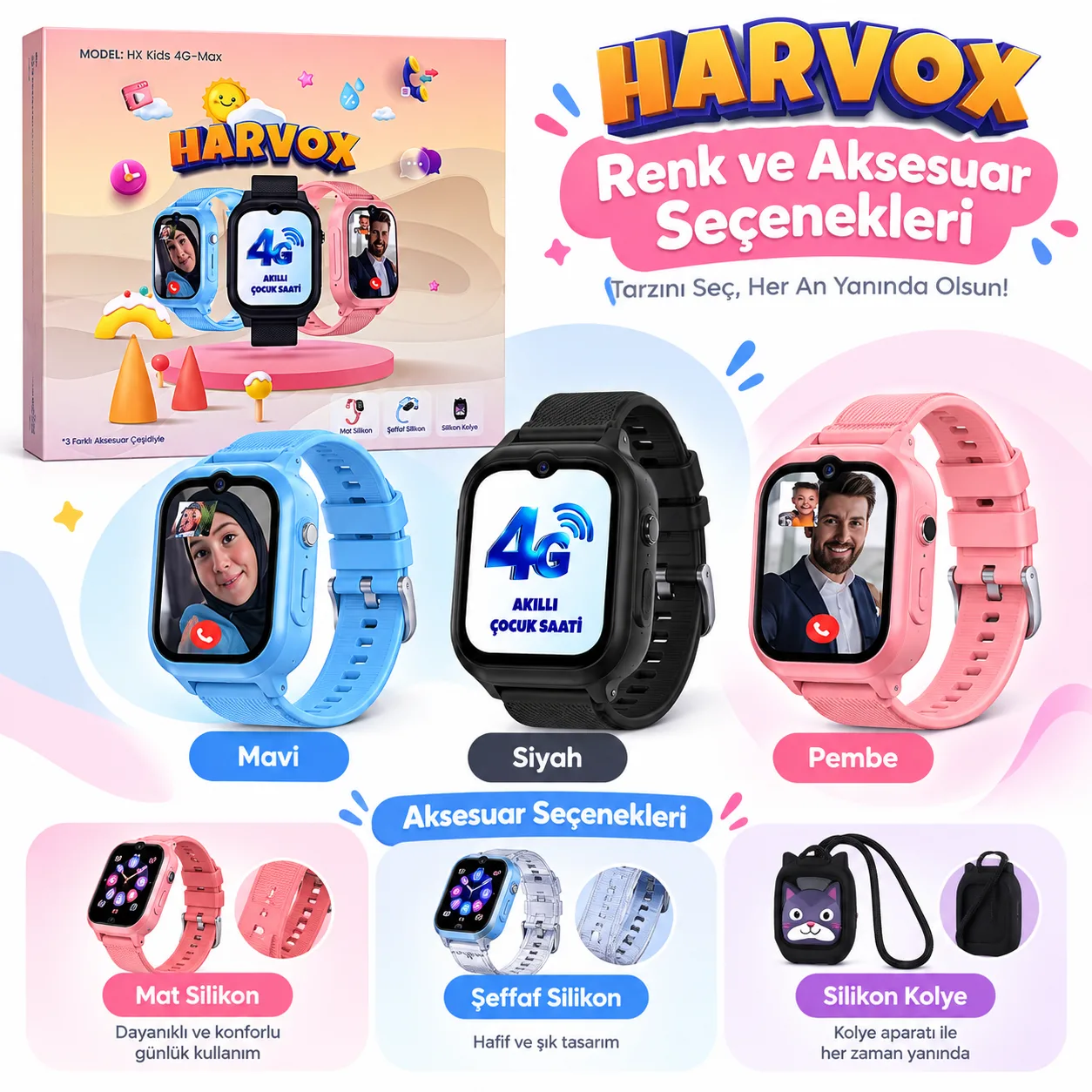 Harvox HX Kids 4G-Max Akıllı Çocuk Saati – 4G Görüntülü Görüşme ve 3 Aksesuar Seçenekli