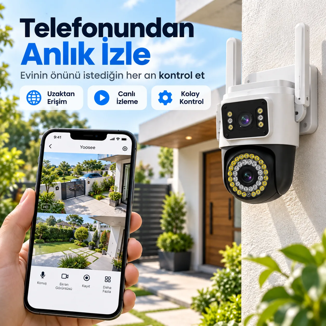 Yoosee WiFi Akıllı Güvenlik Kamerası – Çift Kameralı, 320° Döner, Gece Görüşlü Dış Mekan Kamera