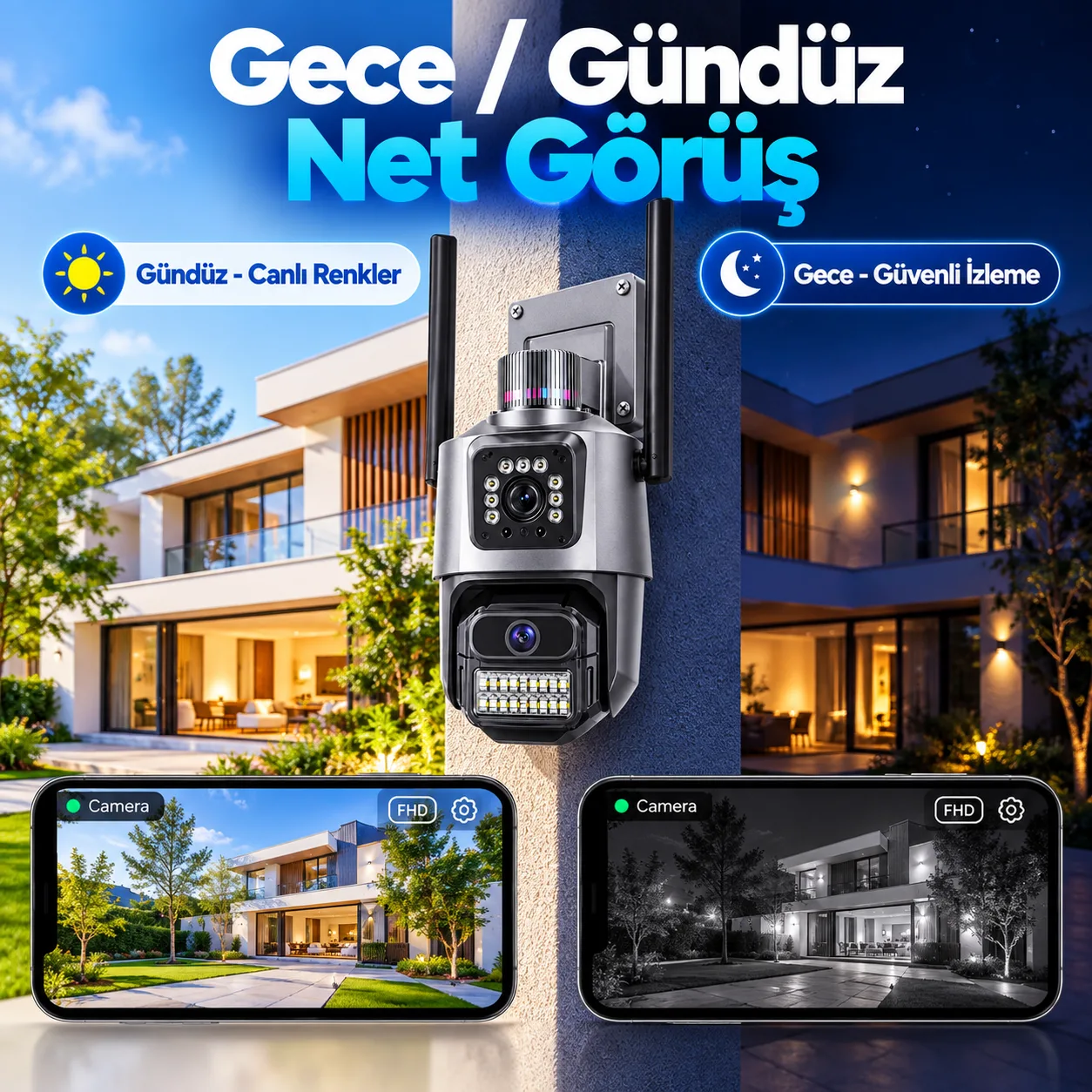 Model B Çift Lens WiFi Akıllı Güvenlik Kamerası – IP66, Gece Görüşlü ve Hareket Algılamalı