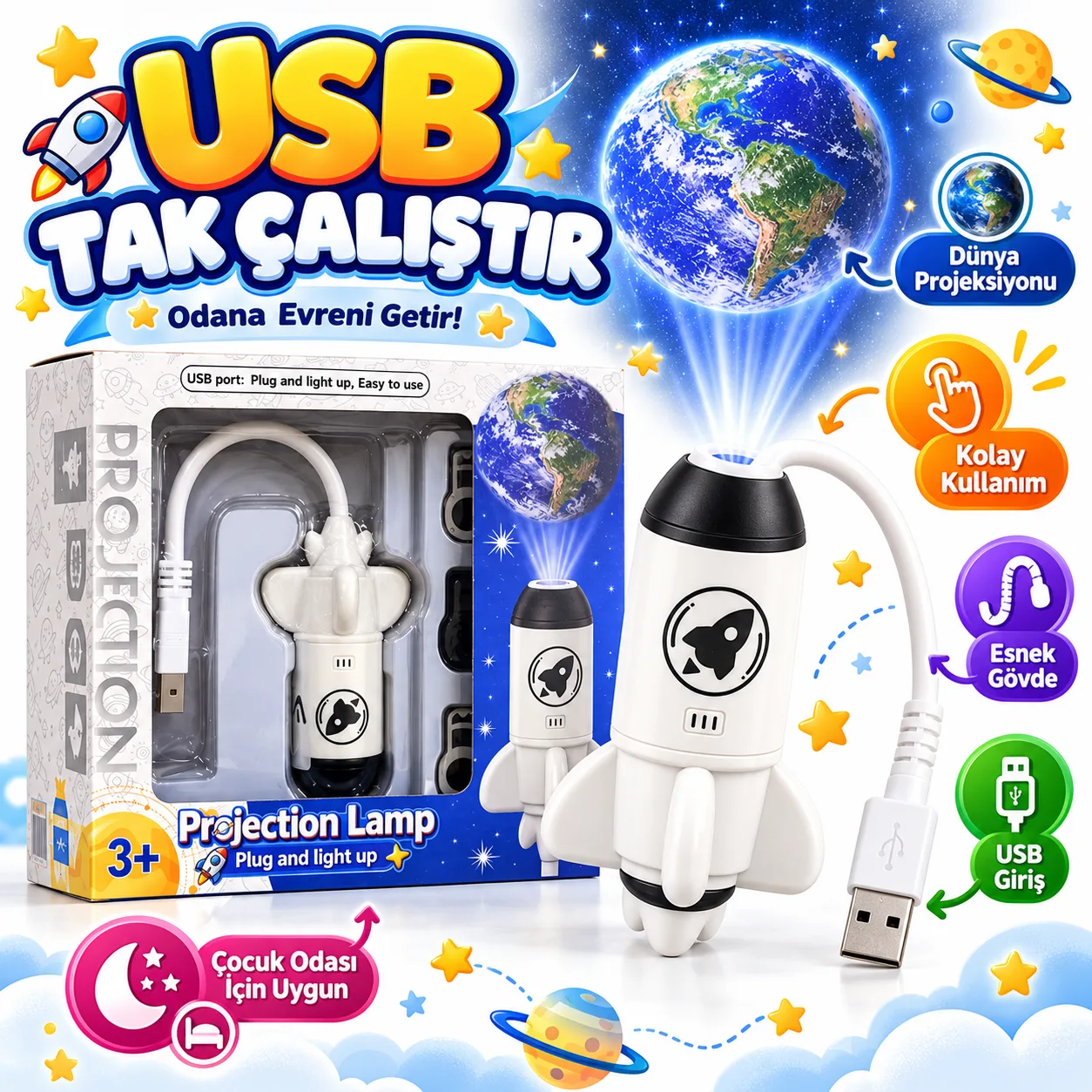 USB Roket Projeksiyon Lambası – Dünya Yansıtmalı Esnek Gece Işığı