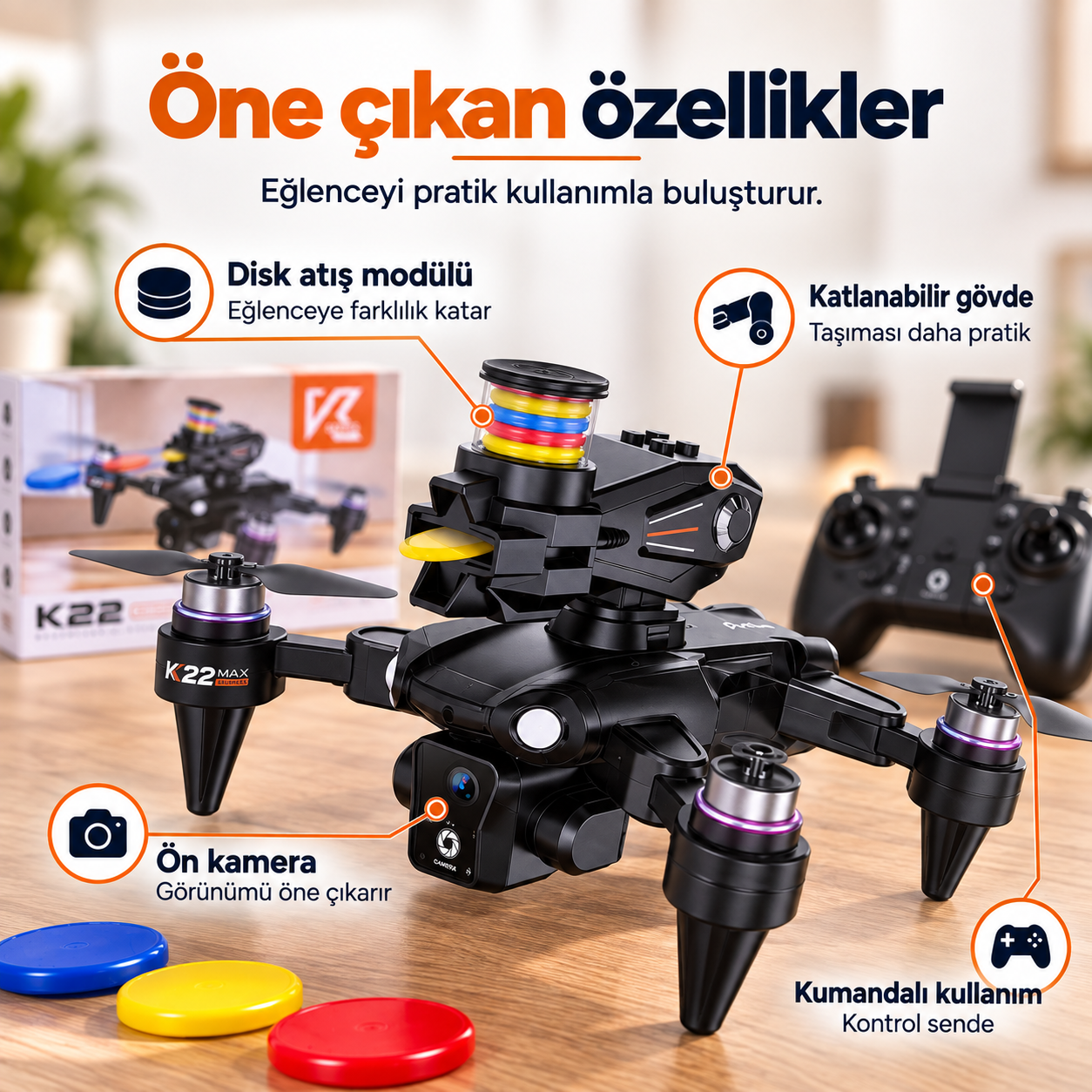 K22 Shoot Kameralı Disk Atan Drone – Fırçasız Motorlu Katlanabilir Kumandalı Drone
