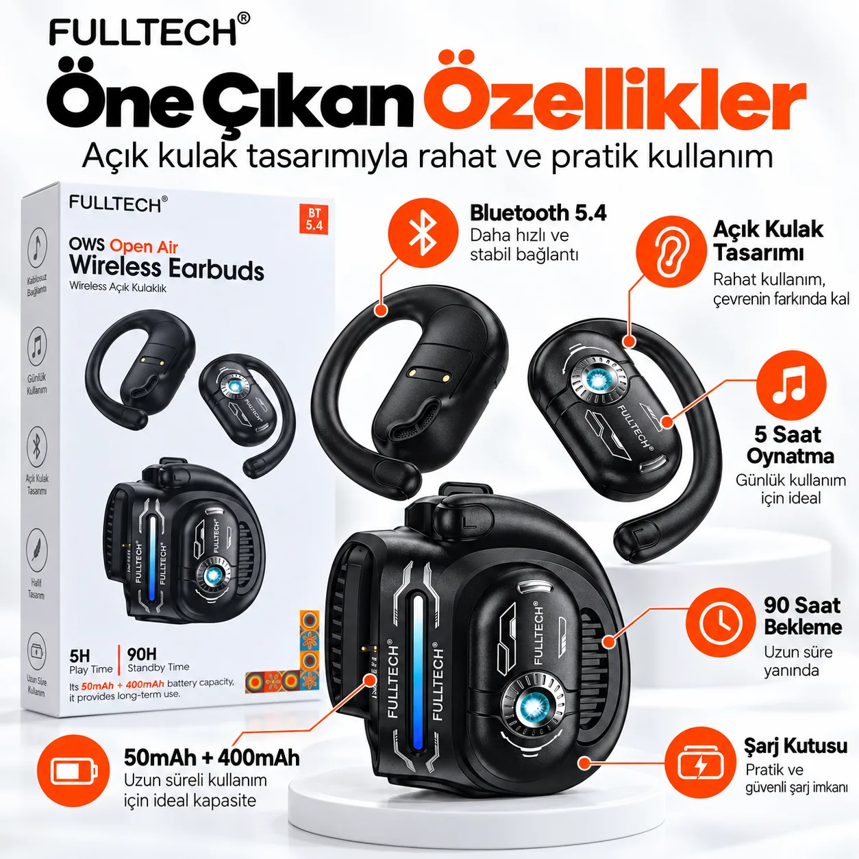 Fulltech OWS Open Air Kablosuz Kulaklık – Bluetooth 5.4, Açık Kulak Tasarımı ve Şarj Kutusu