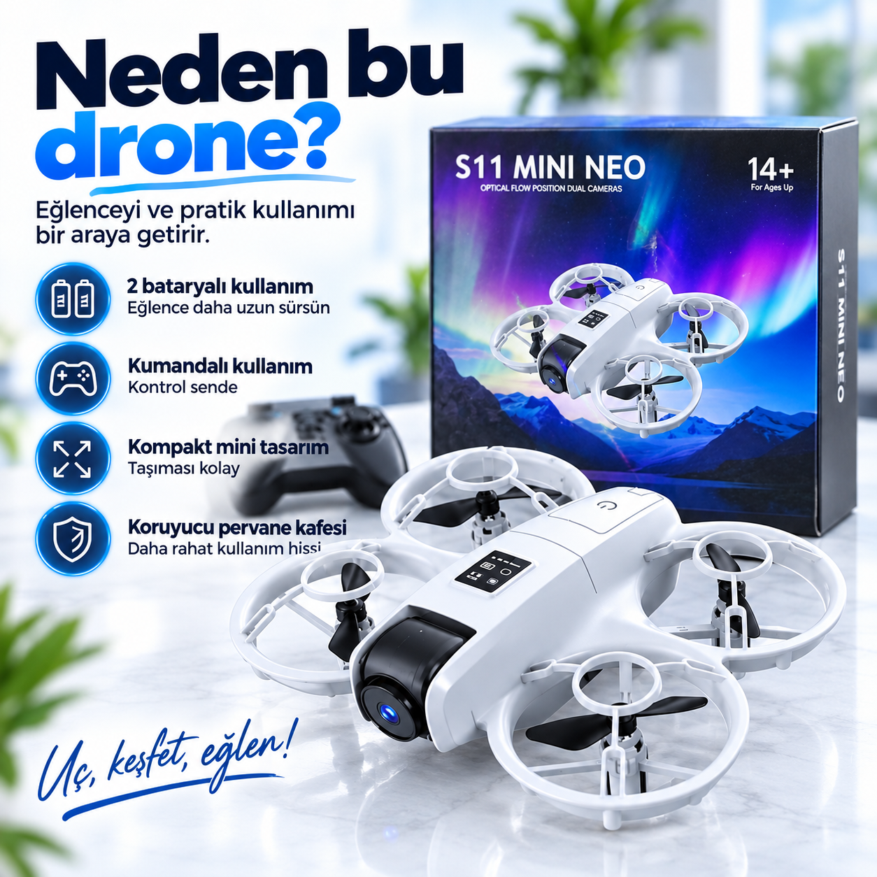 S11 Mini Neo Kameralı Drone – Çift Kameralı, Optical Flow, 2 Bataryalı Mini Drone