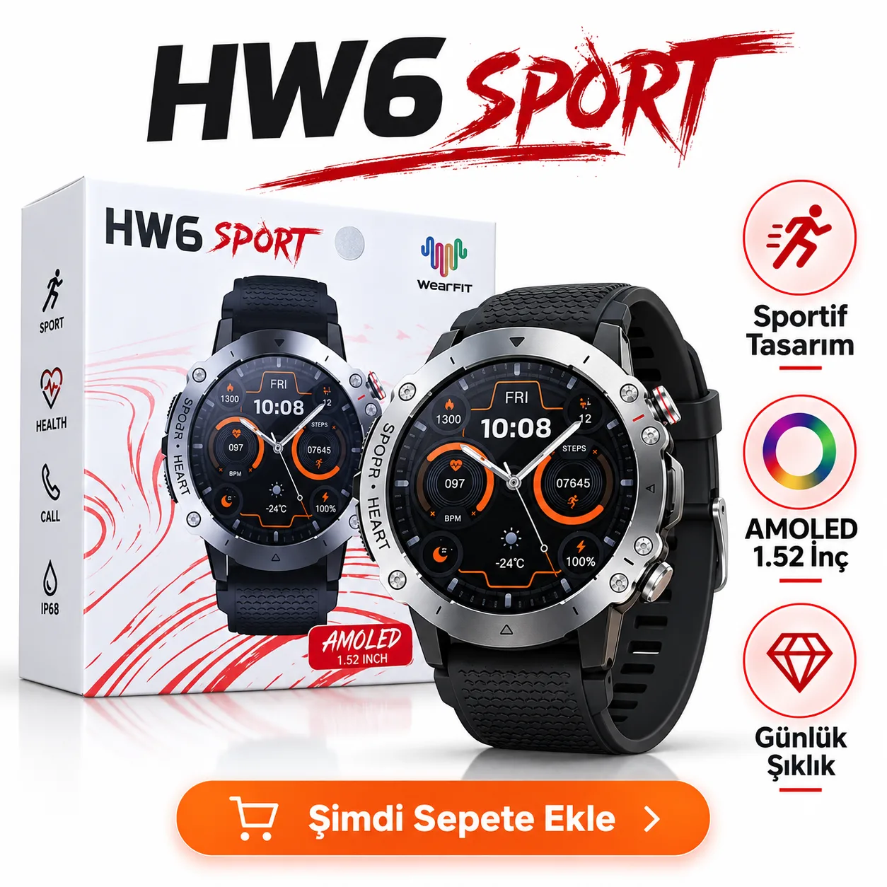 HW6 Sport Akıllı Saat – 1.52 İnç AMOLED Ekran, WearFit Destekli Spor Smartwatch