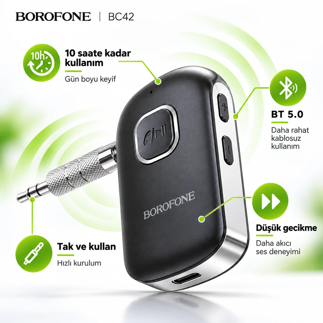 Borofone BC42 Bluetooth 5.0 AUX Araç Adaptörü – Kablosuz Müzik Alıcısı