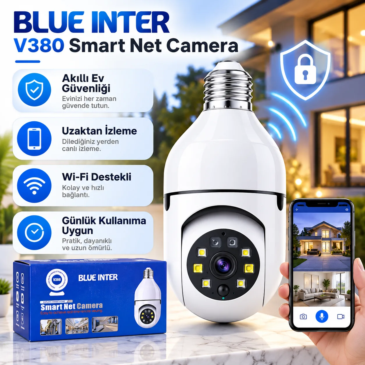 1080P Ampul Kamera – WiFi, 360°, Çift Yönlü Ses