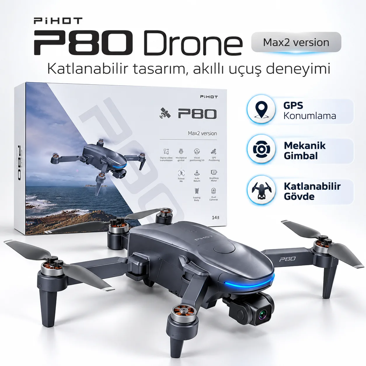 Pihot P80 Max 2 GPS Drone – 6 KM Menzil, 500 M Yükseklik, Mekanik Gimbal ve Fırçasız Motor