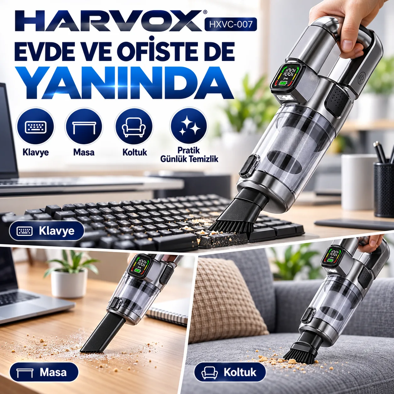 Harvox HXVC-007 Kablosuz Araç İçi Süpürge – 22.000 Pa Güçlü Emiş, Şarjlı ve Çok Başlıklı