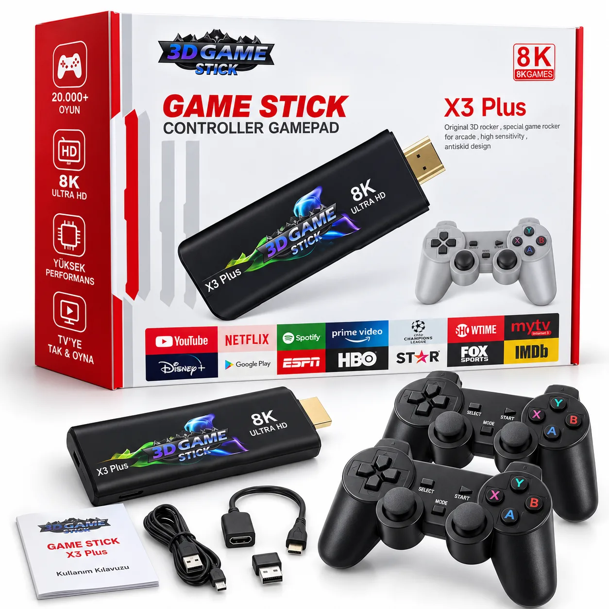 3D Game Stick Retro Oyun Konsolu – 20.000 Oyun, 2 Kol