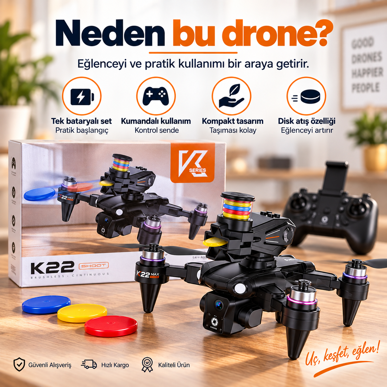 K22 Shoot Kameralı Disk Atan Drone – Fırçasız Motorlu Katlanabilir Kumandalı Drone