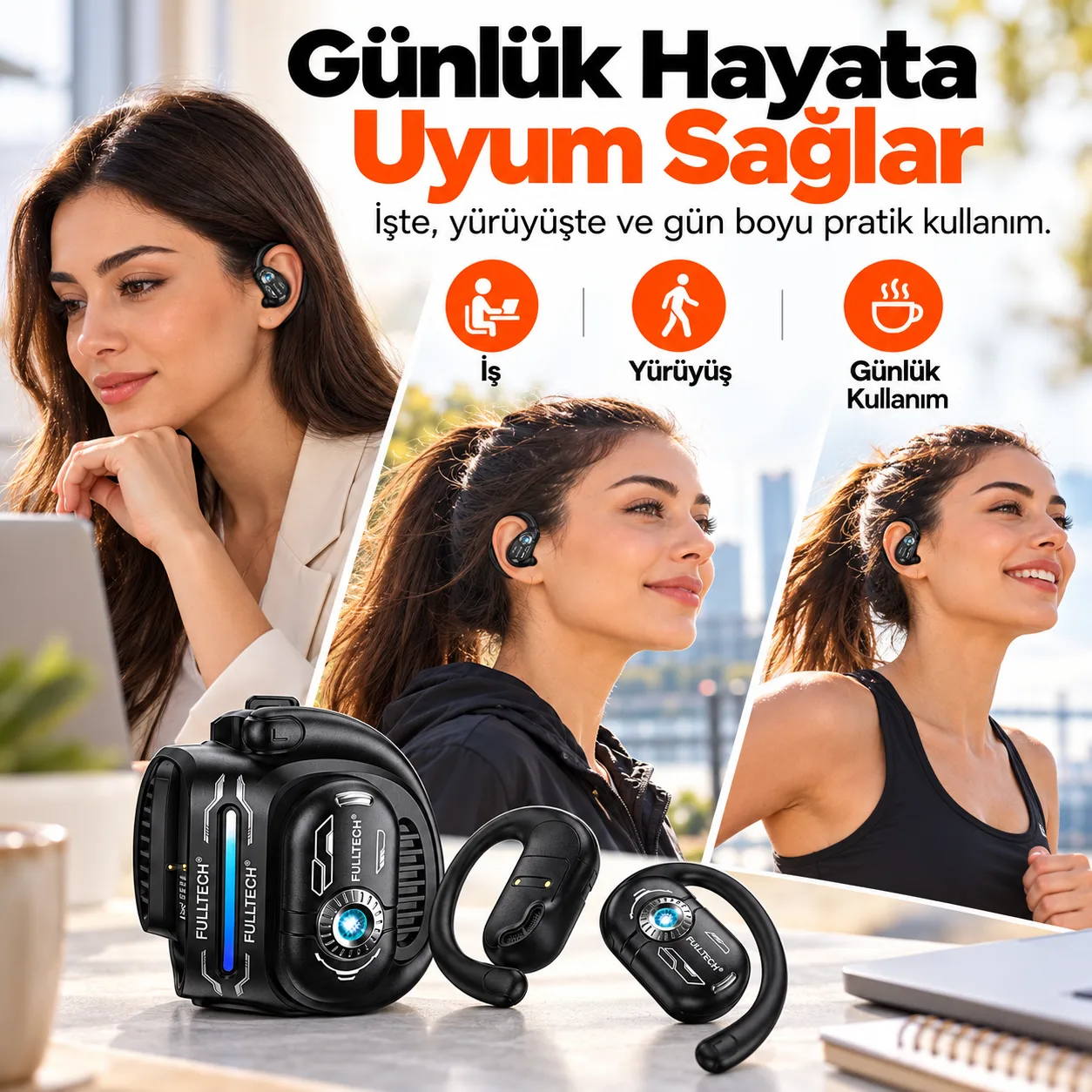 Fulltech OWS Open Air Kablosuz Kulaklık – Bluetooth 5.4, Açık Kulak Tasarımı ve Şarj Kutusu