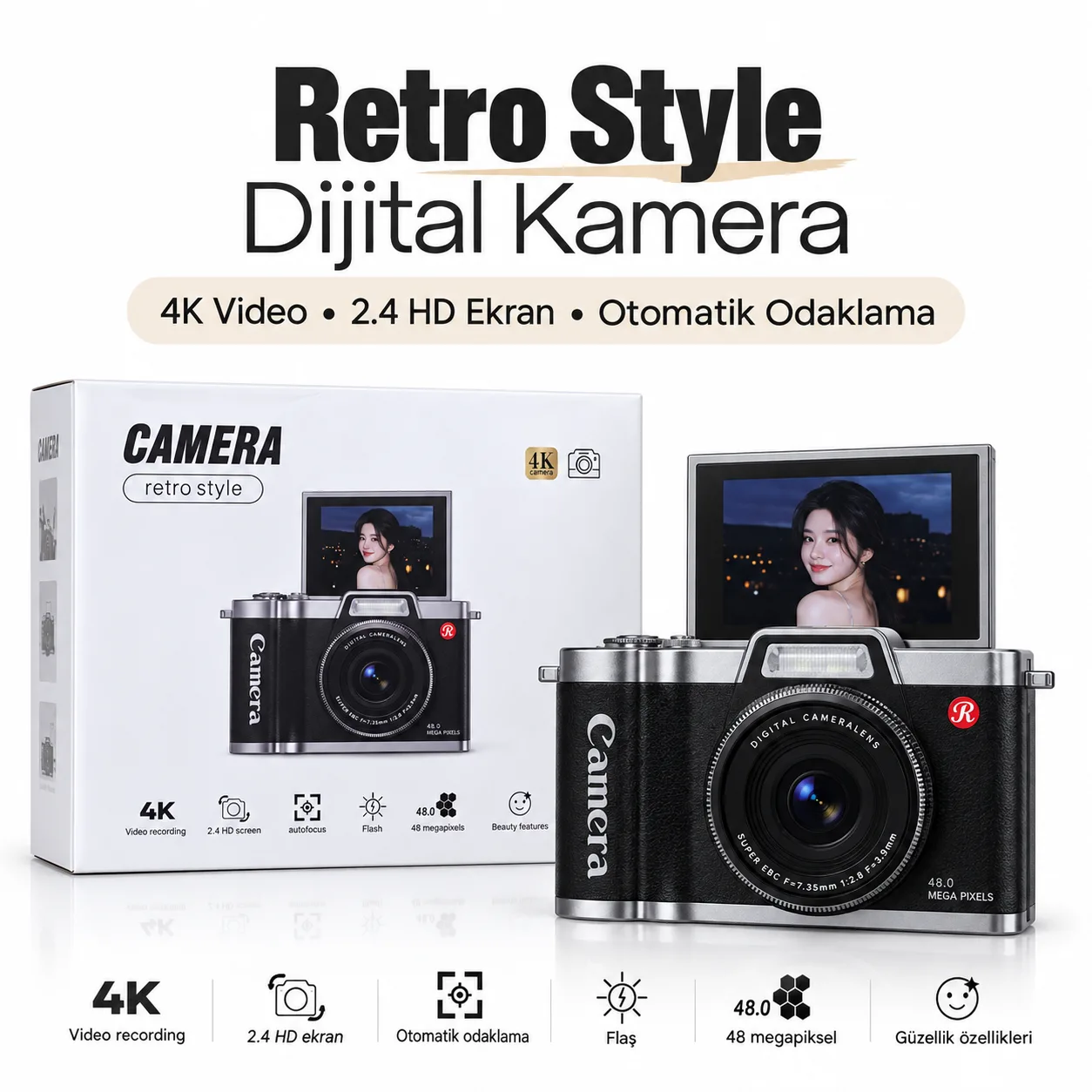 Retro Style 4K Dijital Kamera – 48 MP, 2.4 İnç HD Ekran, Otomatik Odaklama ve Flaş