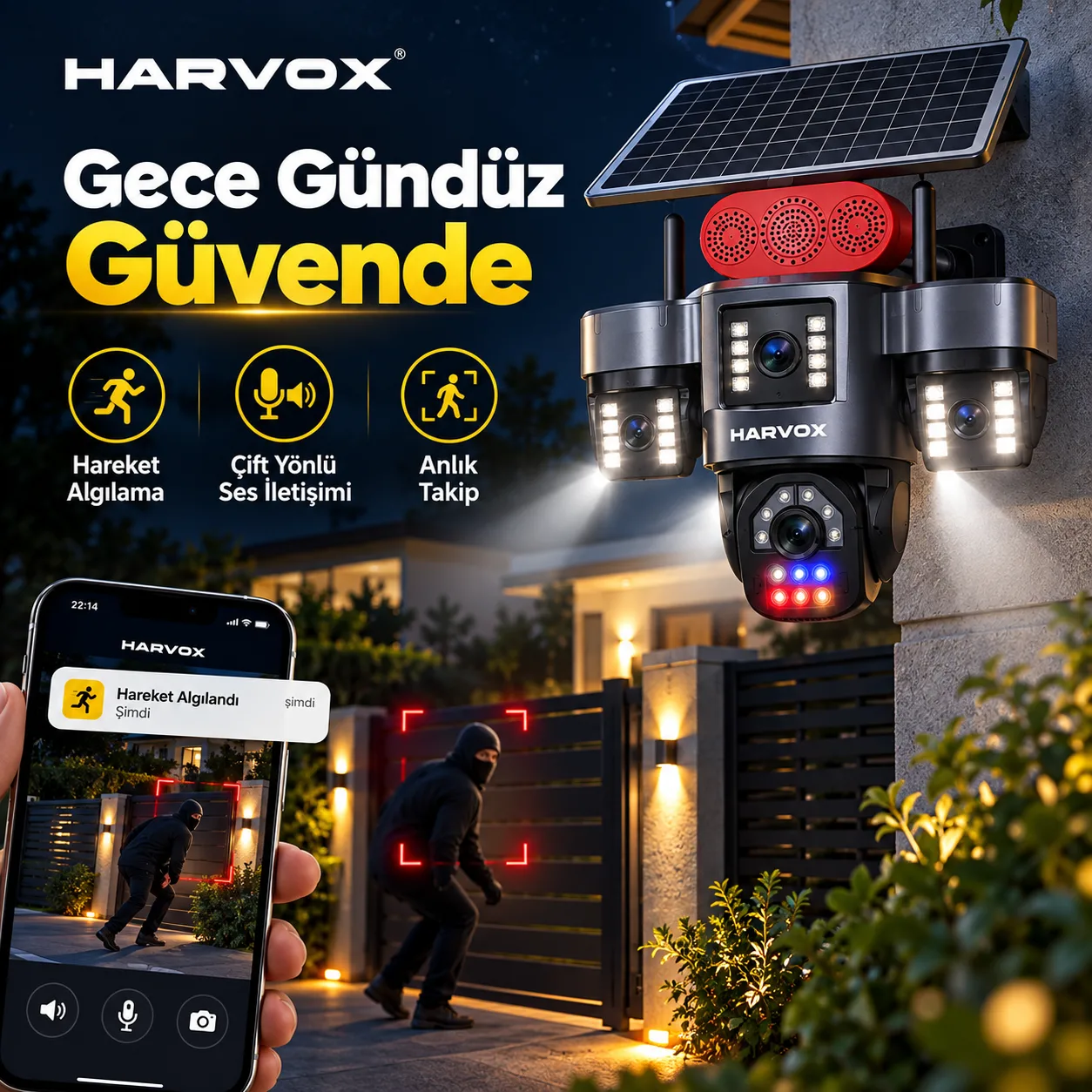 Harvox 4K AOV Solar Panelli Güvenlik Kamerası – 4G SIM Kartlı, 10X Zoom ve 360° Görüş