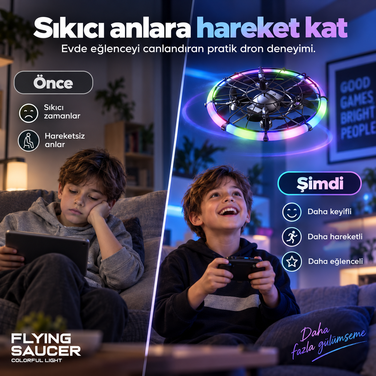 Flying Saucer Kumandalı Drone – Renkli LED Işıklı Koruyucu Kafesli Uçan Dron