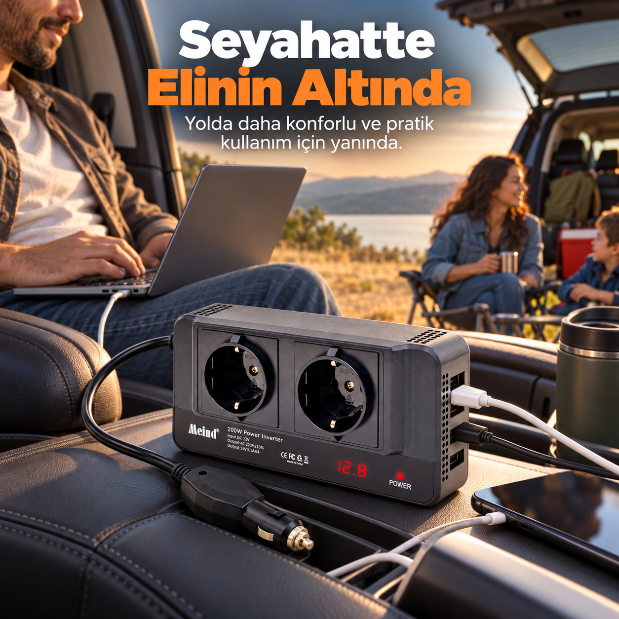 400W Araç İnvertör – 12V 220V Çevirici Araç Çakmaklık , Çift Priz ve 4 USB