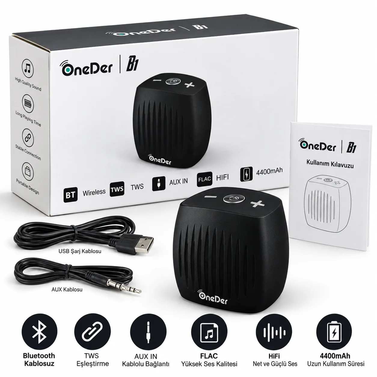 OneDer Bluetooth Hoparlör – TWS, AUX Girişli, FLAC Destekli 4400 mAh Taşınabilir Speaker