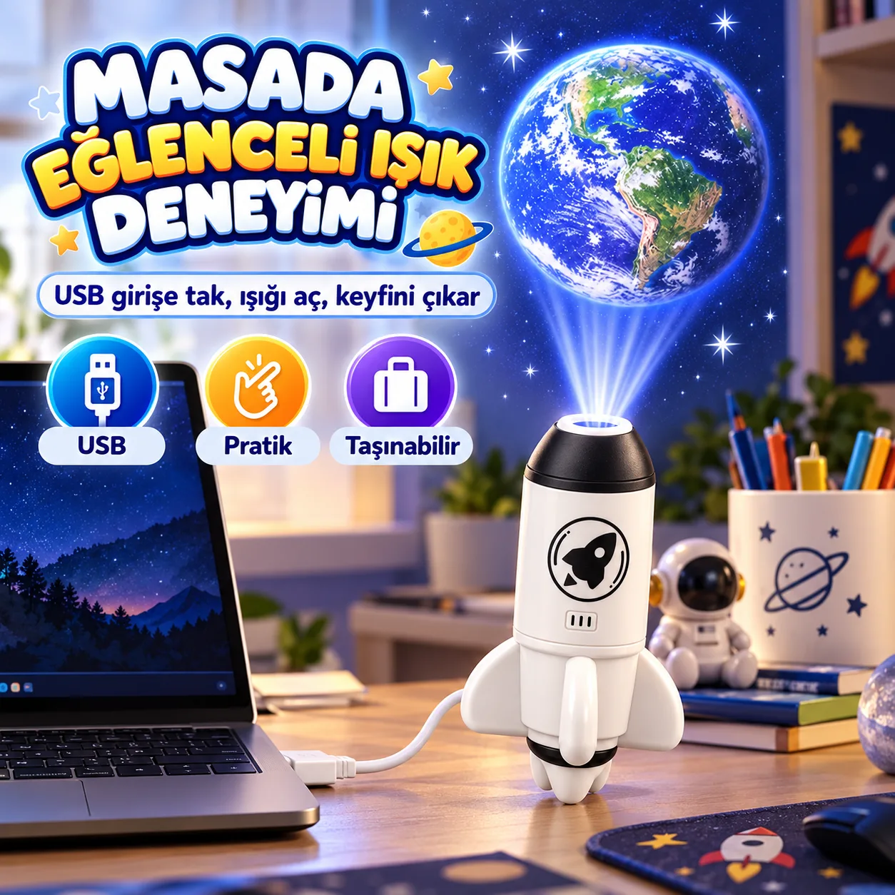 USB Roket Projeksiyon Lambası – Dünya Yansıtmalı Esnek Gece Işığı