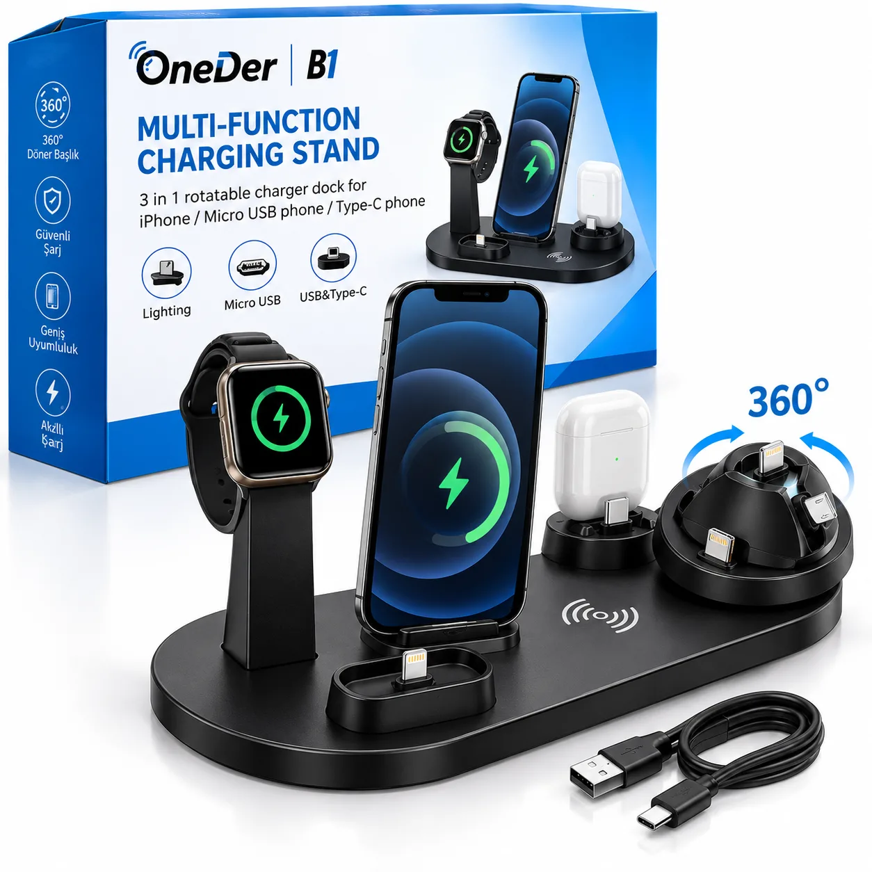 OneDer B1 3'ü 1 Arada Çok Fonksiyonlu Şarj Standı – 360° Döner Lightning, Type-C ve Micro USB