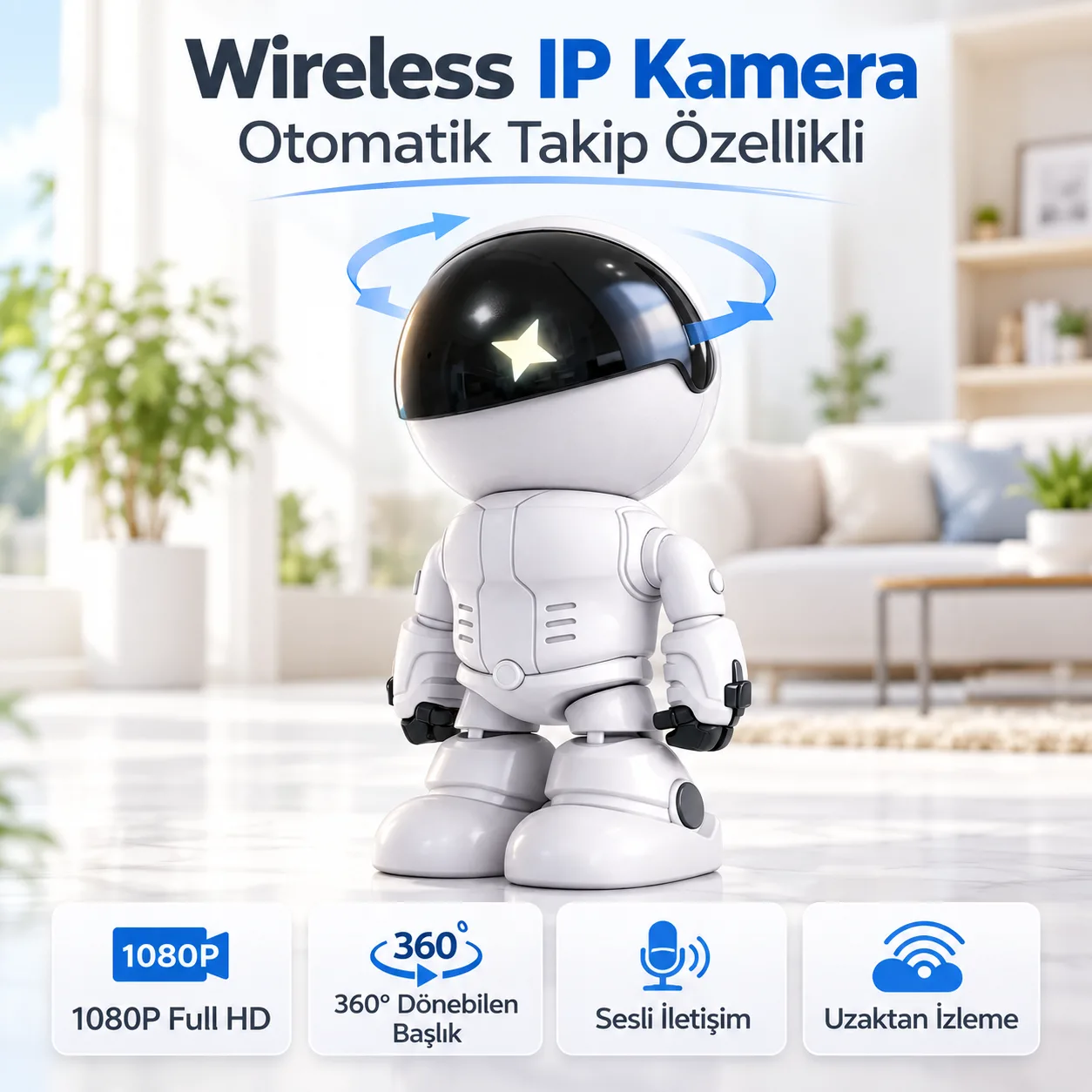 1080P WiFi IP Kamera – 360°, Akıllı Takip, Ses