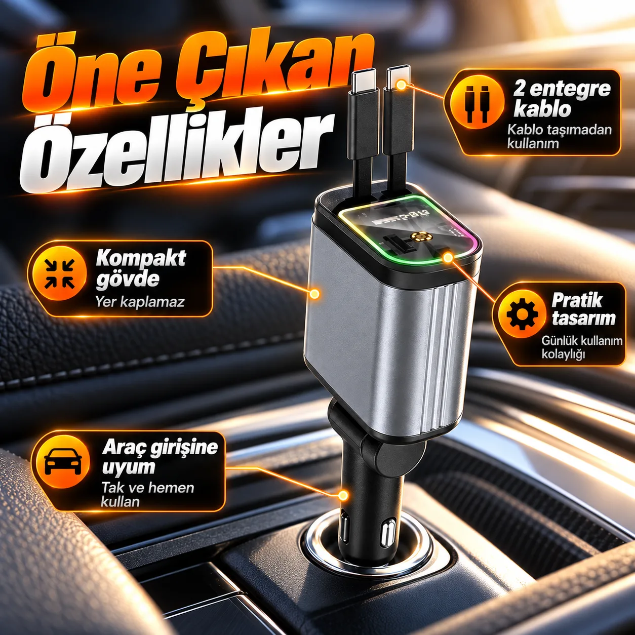 66W Araç Şarj Cihazı – Type-C, Lightning, RGB