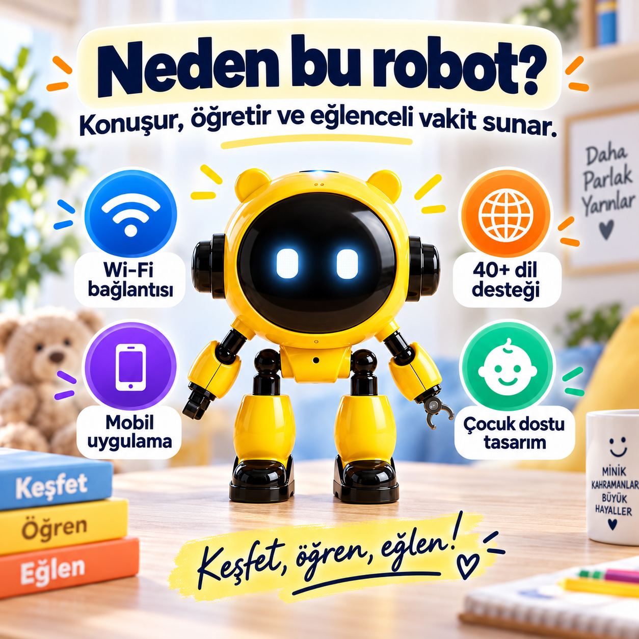 Çocuklar İçin Türkçe Konuşan Yapay Zeka Robotu – 40+ Dil, Wi-Fi ve Mobil Uygulama