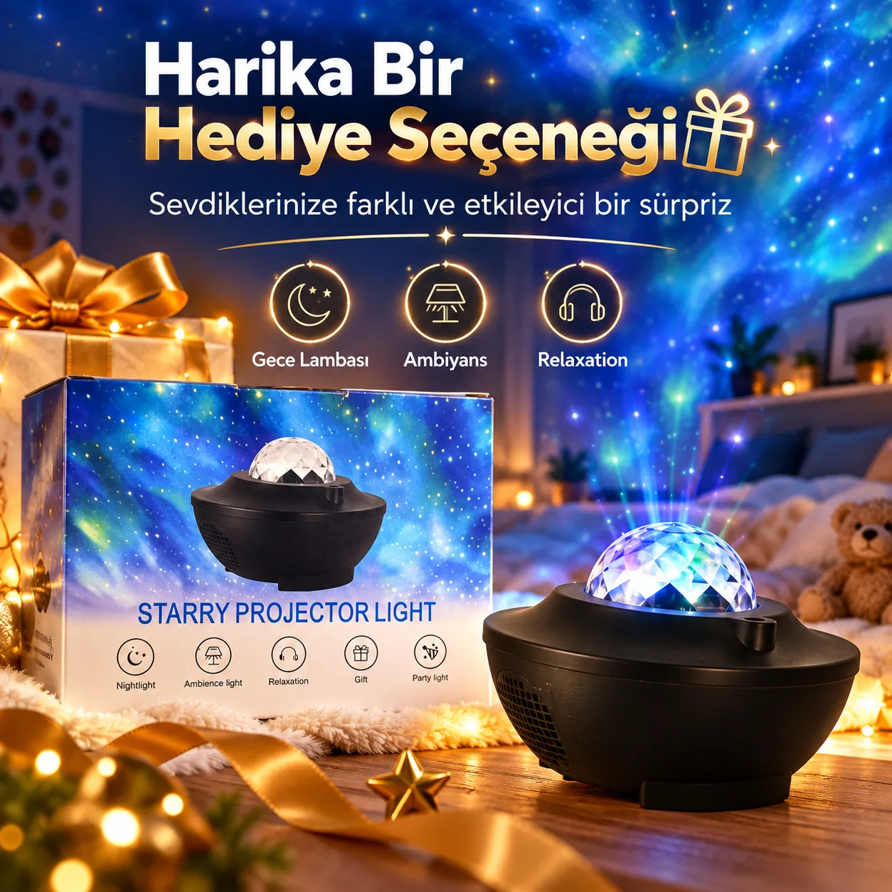 Starry Projector Light Yıldızlı Gece Lambası – Ambiyans ve Parti Işığı