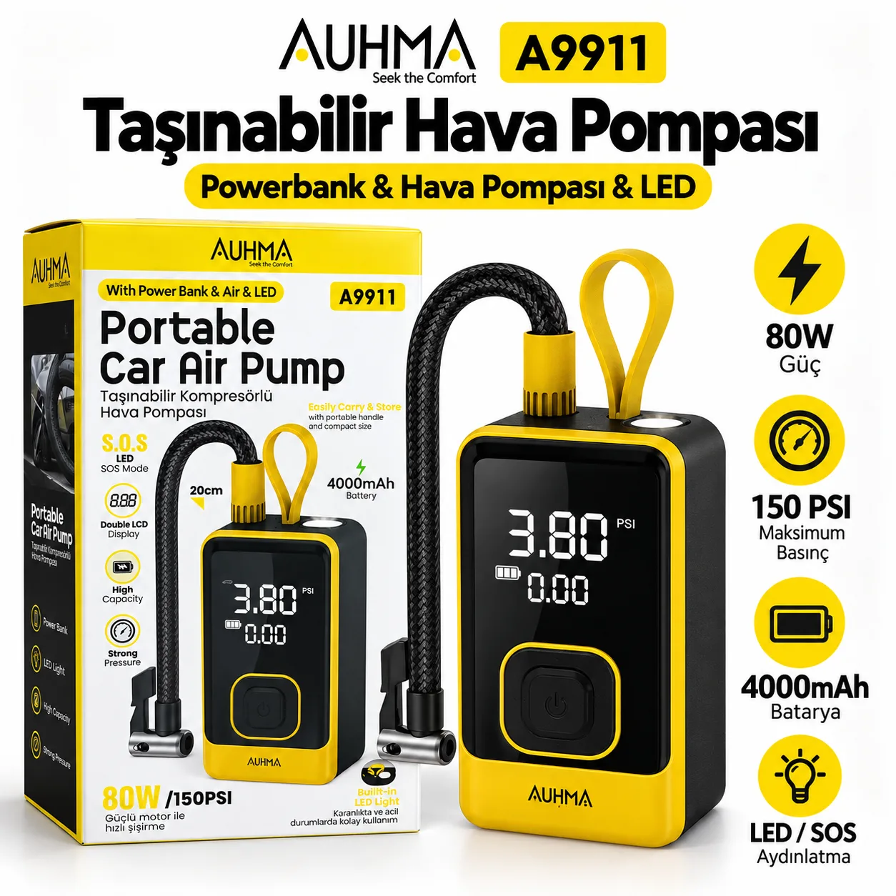 AUHMA A9911 Taşınabilir Dijital Hava Kompresörü – Otomobil, Motosiklet ve Bisiklet Lastik Şişirme Pompası