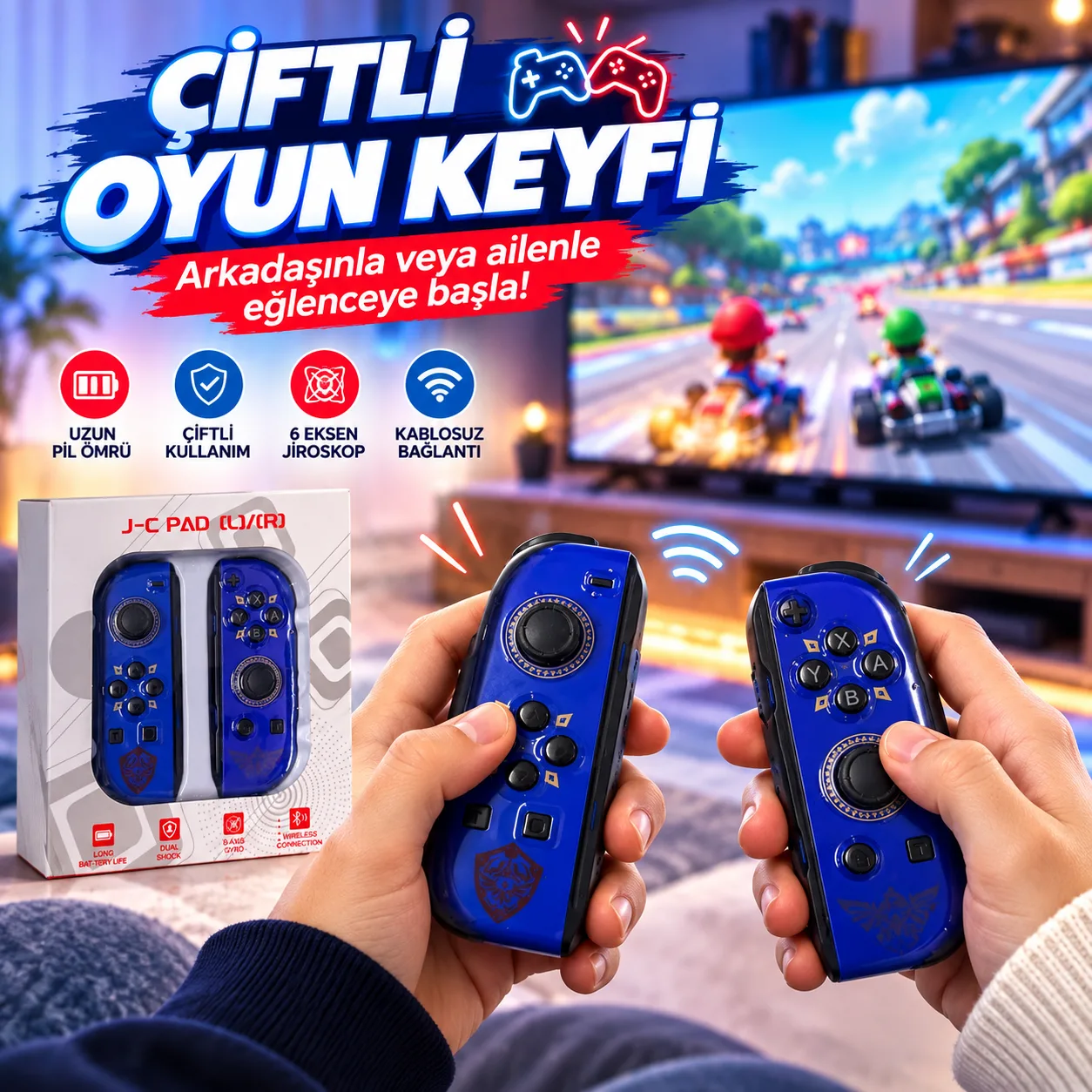 J-C Pad Kablosuz Oyun Kumandası Seti – Sol/Sağ Çift Kontrol, 6 Eksen Gyro ve Titreşim