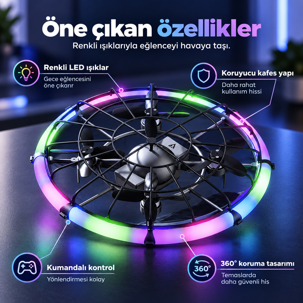 Flying Saucer Kumandalı Drone – Renkli LED Işıklı Koruyucu Kafesli Uçan Dron