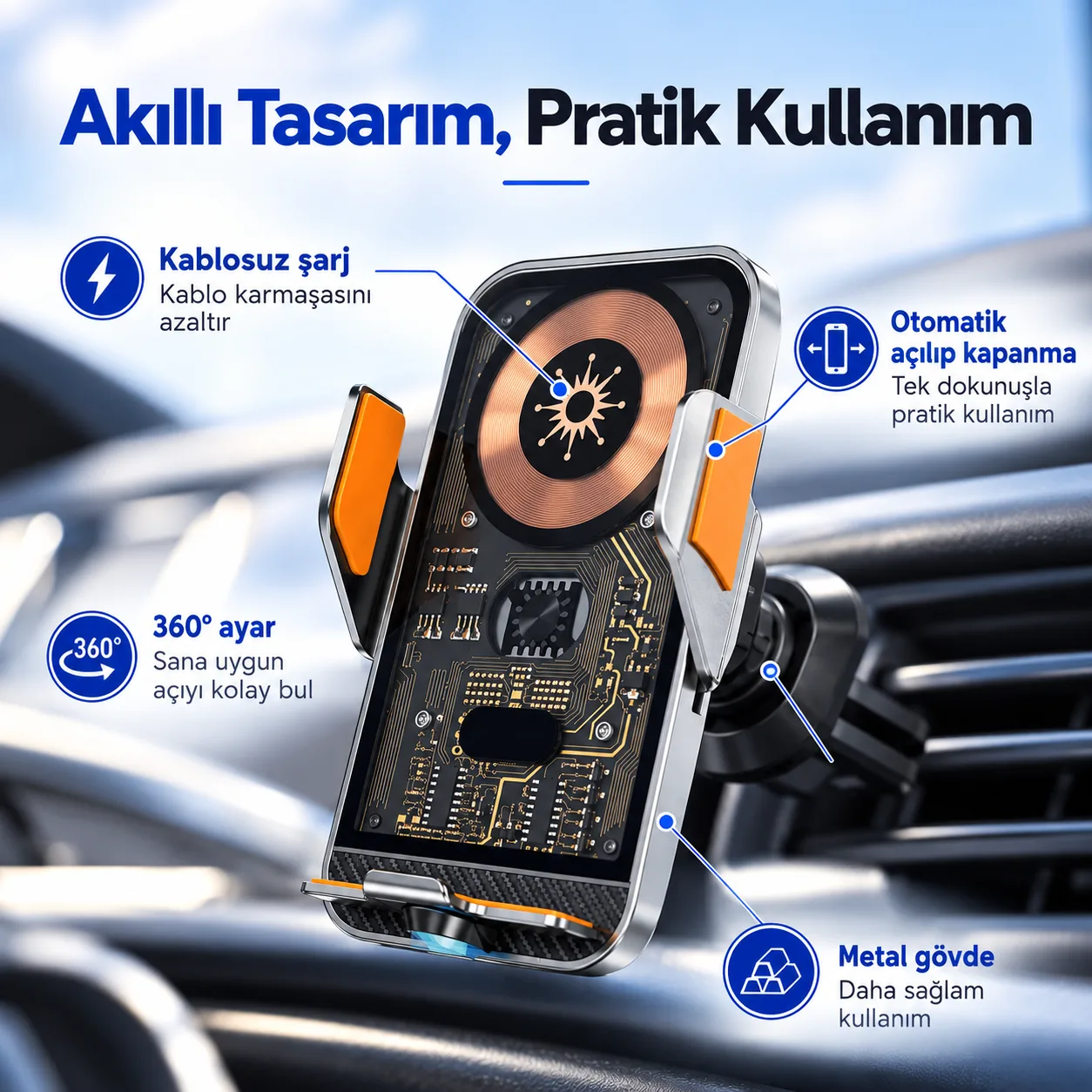 C11 Kablosuz Şarjlı Araç Telefon Tutucu – 15W Otomatik Açılır Kapanır