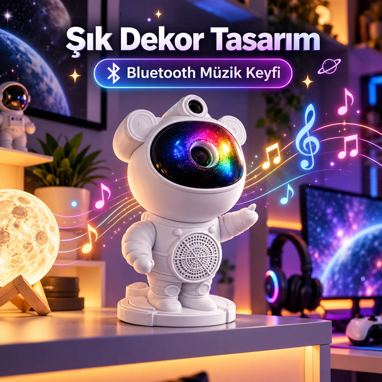 Astronot Bluetooth Hoparlörlü Gece Lambası – LED Işıklı