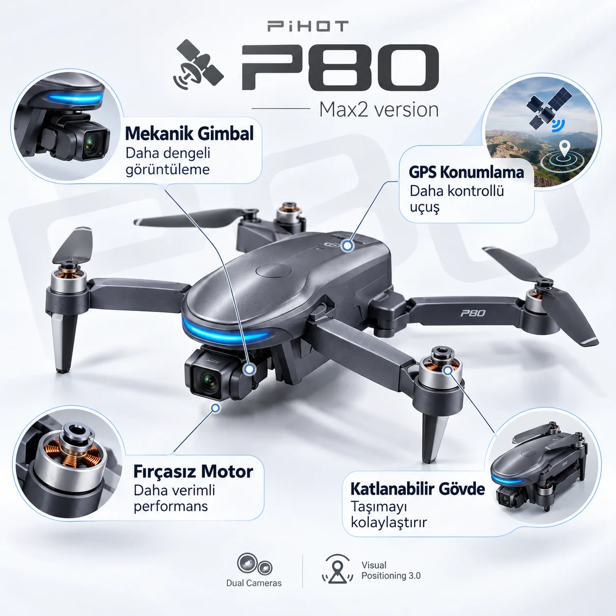 Pihot P80 Max 2 GPS Drone – 6 KM Menzil, 500 M Yükseklik, Mekanik Gimbal ve Fırçasız Motor