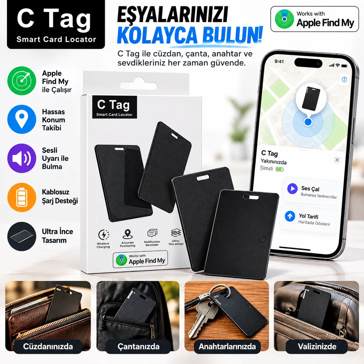 C Tag Apple Find My Uyumlu Akıllı Kart Takip Cihazı – Kablosuz Şarjlı Ultra İnce Konum Bulucu