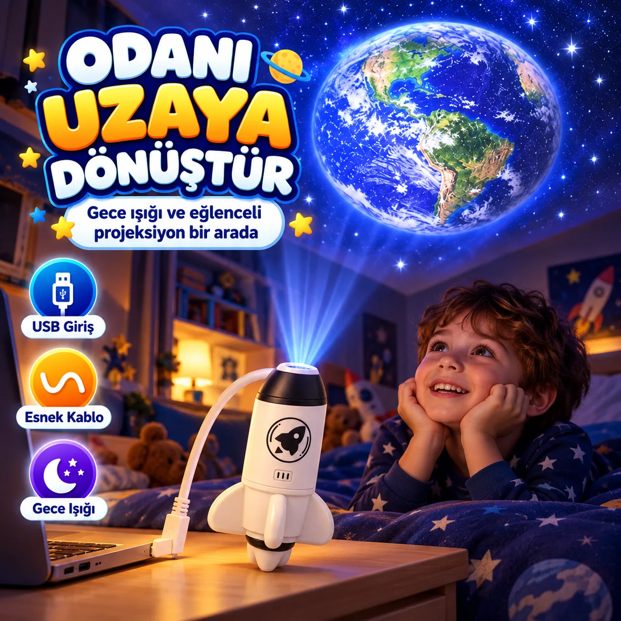 USB Roket Projeksiyon Lambası – Dünya Yansıtmalı Esnek Gece Işığı