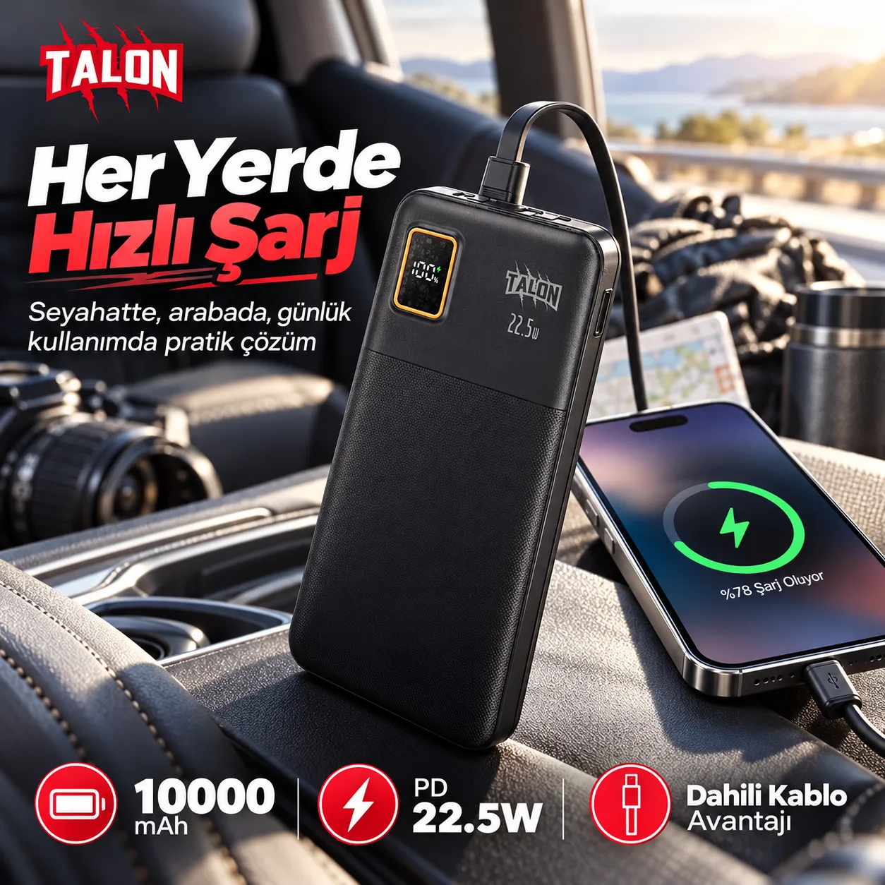 Talon PW-17 10.000 mAh Powerbank – PD 22.5W Hızlı Şarj, Dahili Type-C ve Lightning Kablolu