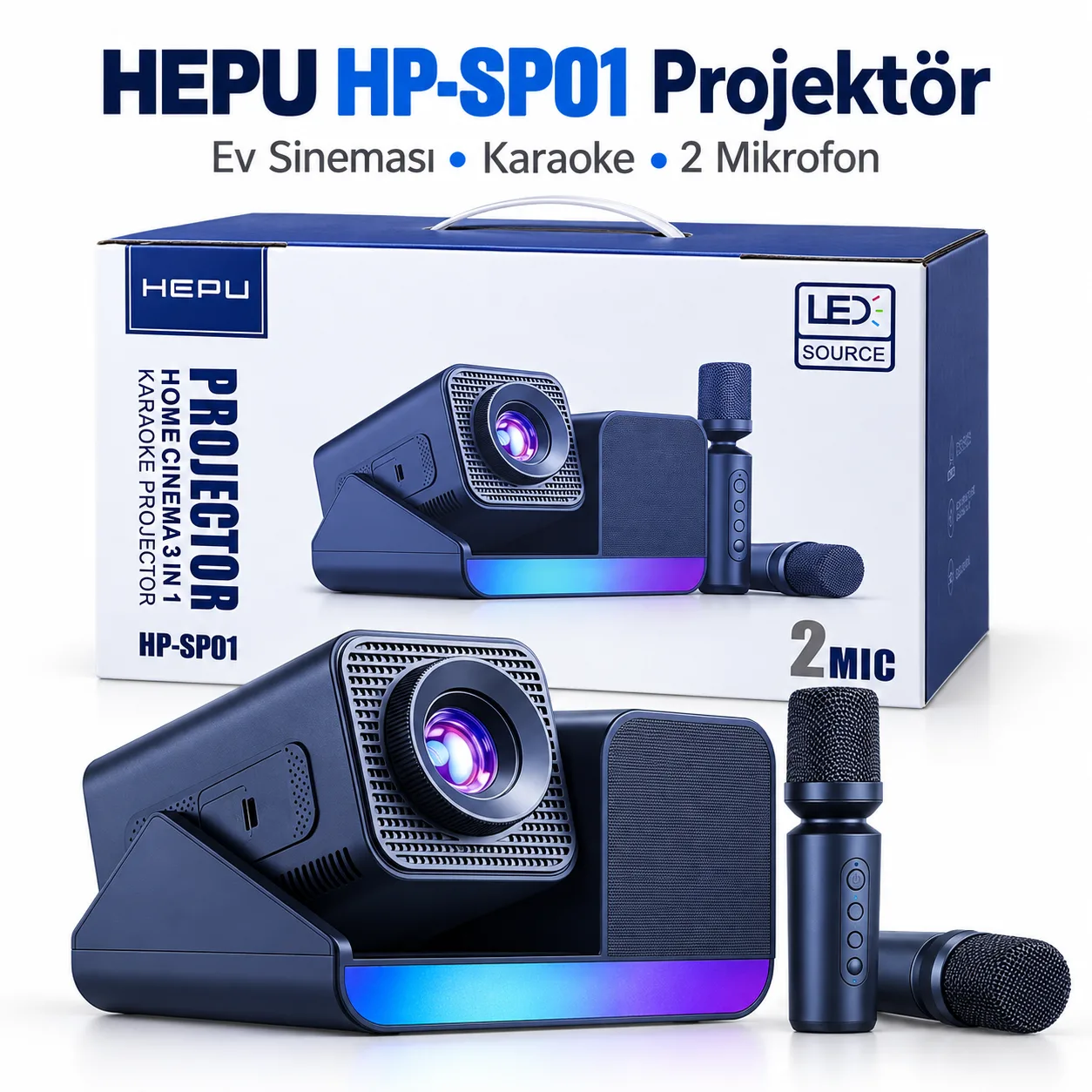 HEPU HP-SP01 Karaoke Projektör – 2 Mikrofonlu 3'ü 1 Arada Ev Sinema Projeksiyon Cihazı