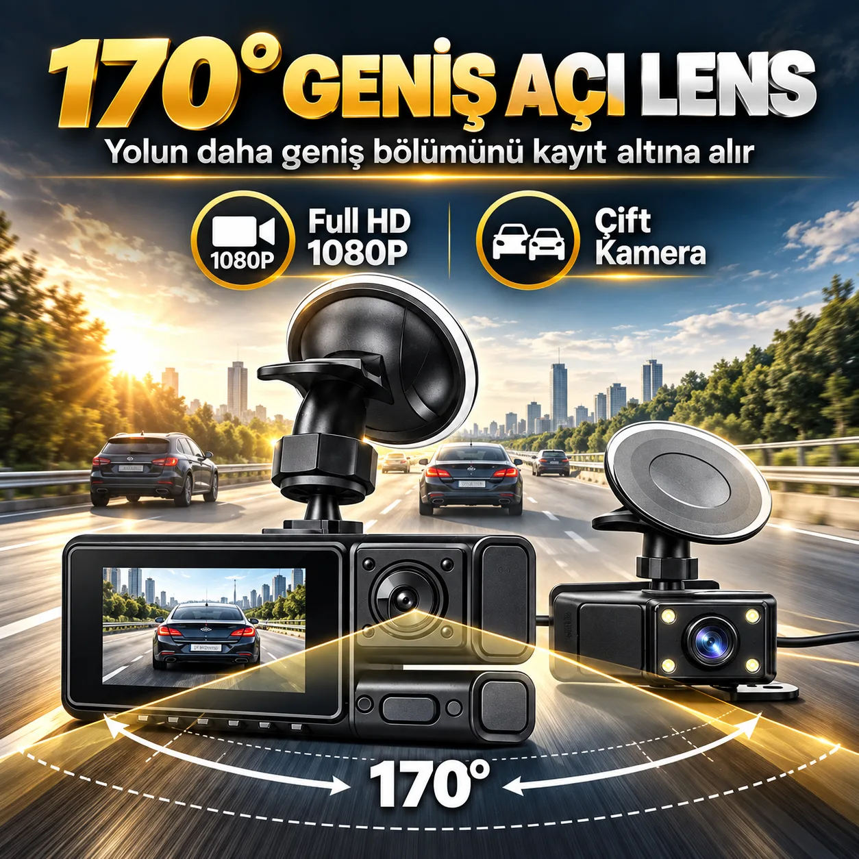 1080P Ön Arka Araç Kamerası – 170° Geniş Açı