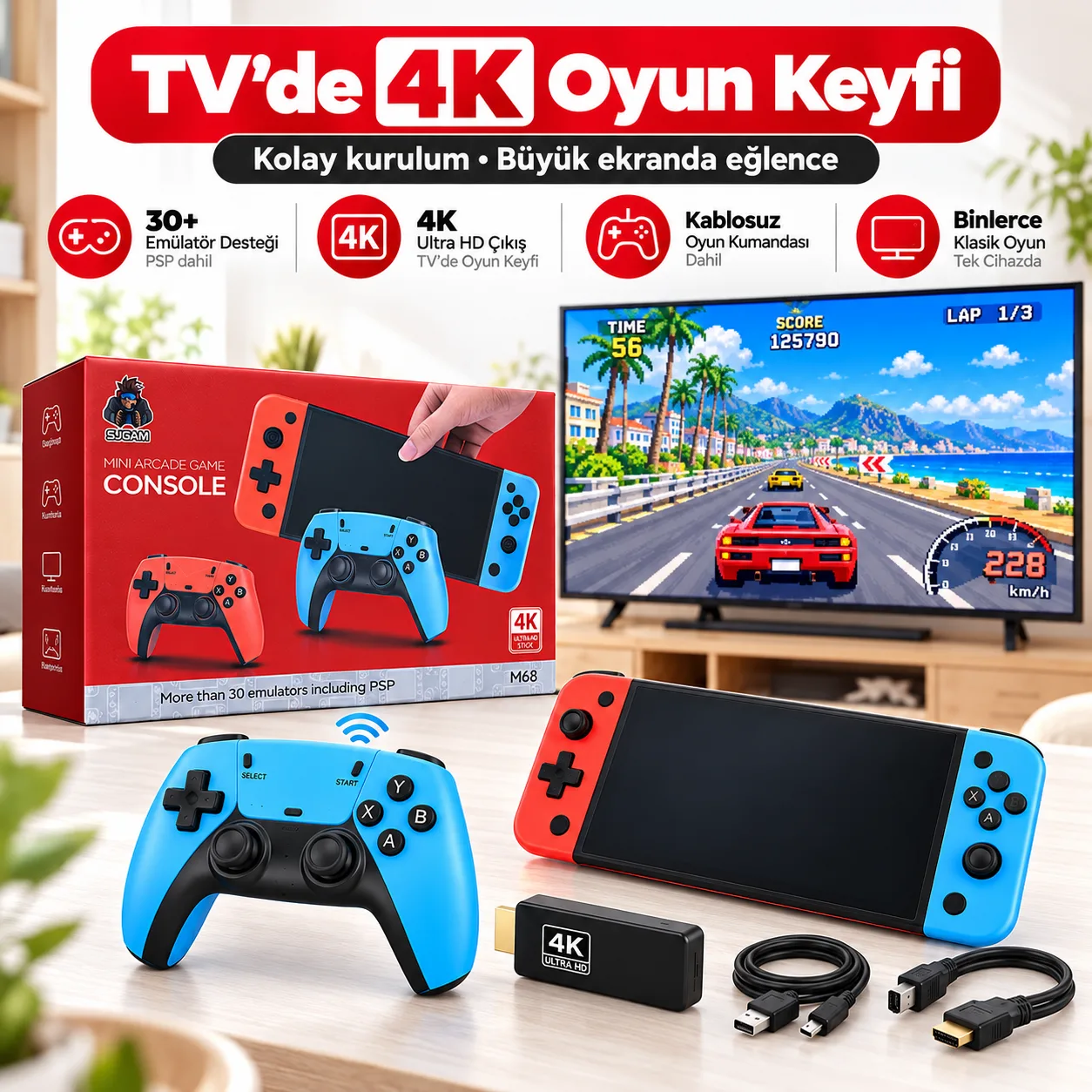 M68 Mini Arcade Game Console – 30+ Emülatör, 4K HDMI Çıkış ve Kablosuz Oyun Kolu