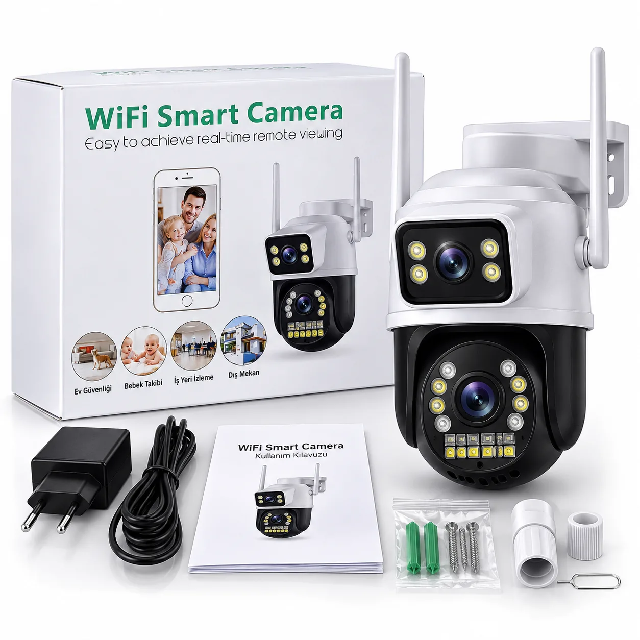 WiFi Akıllı Güvenlik Kamerası – Çift Kameralı, Hareket Algılama, Gece Görüşü ve Sesli Görüşme