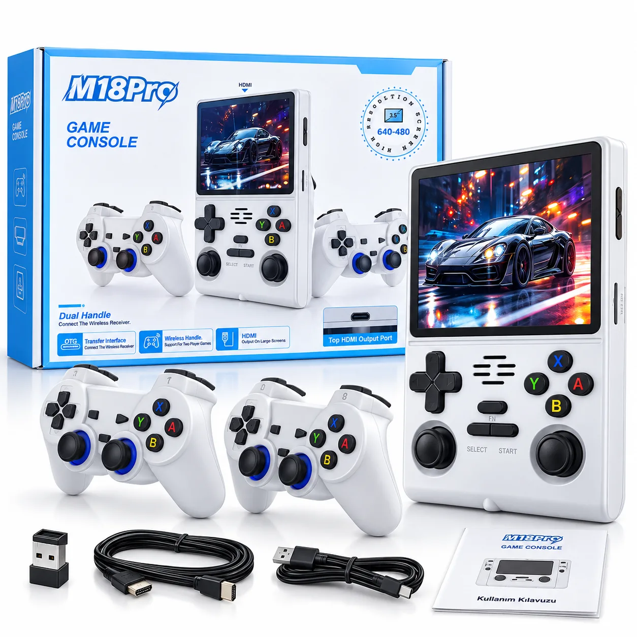 M18 Pro Retro Oyun Konsolu – 3.5 İnç Ekran, HDMI Çıkış ve 2 Kablosuz Oyun Kolu