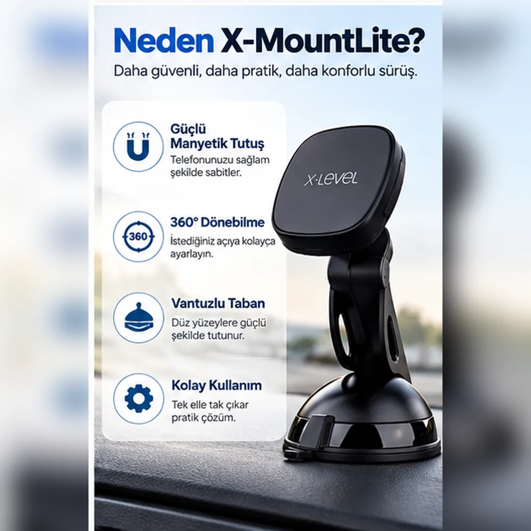 X-Level X-MountLite Manyetik Araç Telefon Tutucu – 360° Döner, Vantuzlu Güçlü Taban
