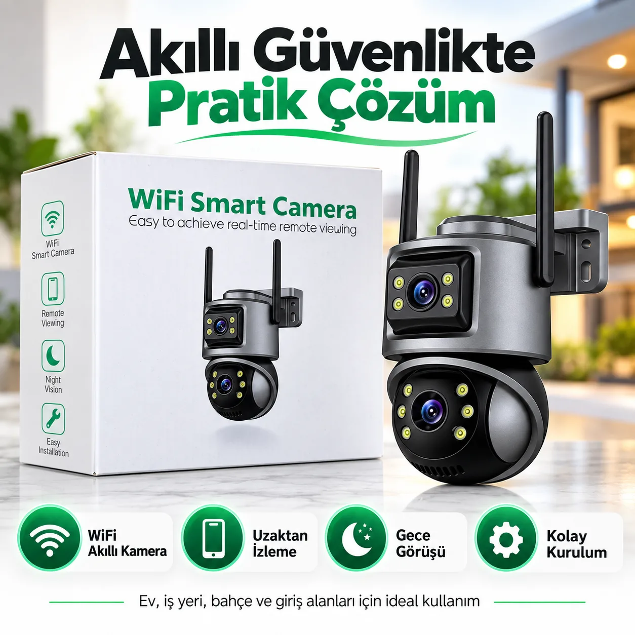 Çift Lens WiFi Akıllı Güvenlik Kamerası – Gece Görüşlü, Telefondan Canlı İzleme