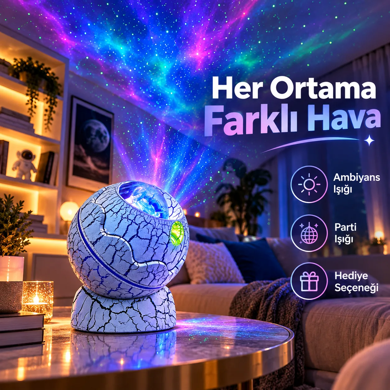 Galaxy Nightlight Projector – Galaksi Projeksiyonlu Gece Lambası, Dahili Hoparlör ve Uyku Modu