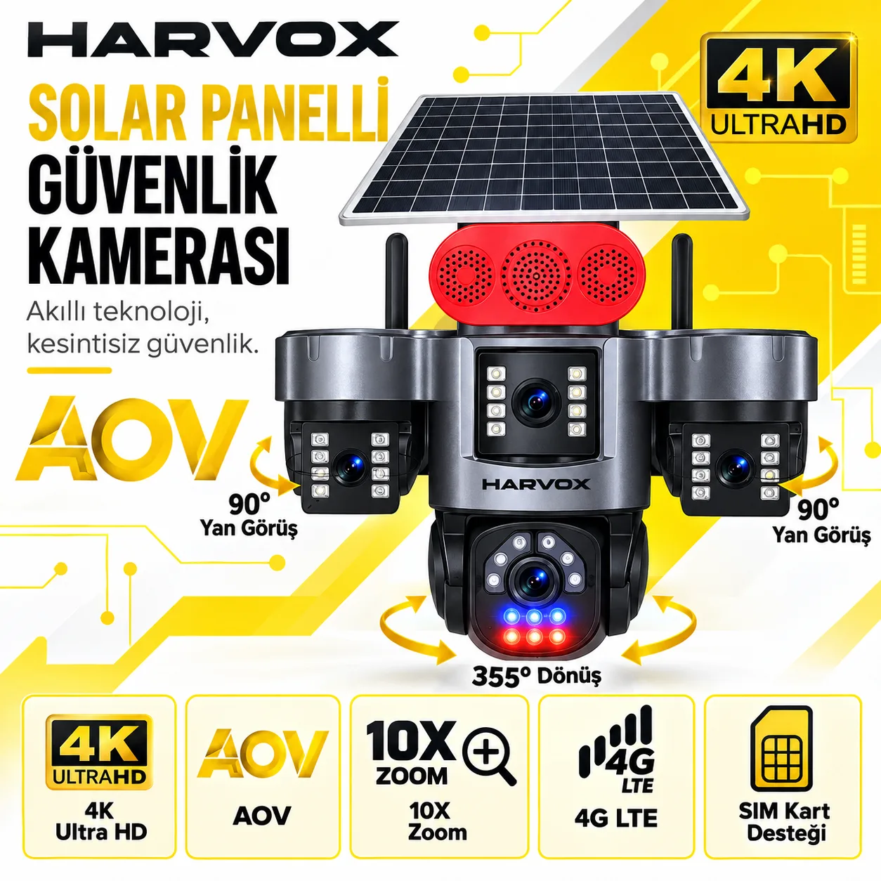 Harvox 4K AOV Solar Panelli Güvenlik Kamerası – 4G SIM Kartlı, 10X Zoom ve 360° Görüş