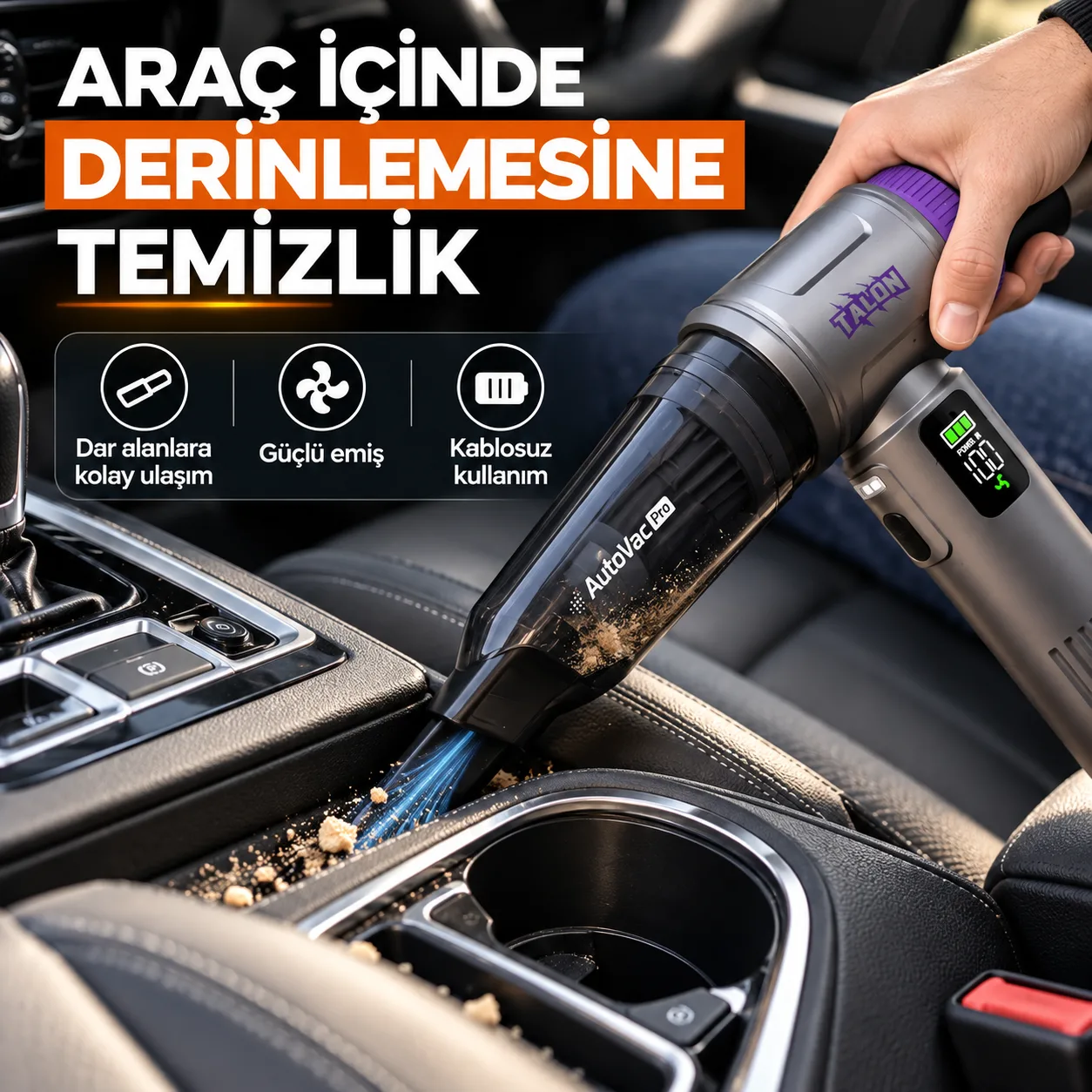 Talon TNV2 AutoVac Pro Kablosuz Araç İçi Süpürge – 22.000 Pa, 6000 mAh, 100W Brushless Motor