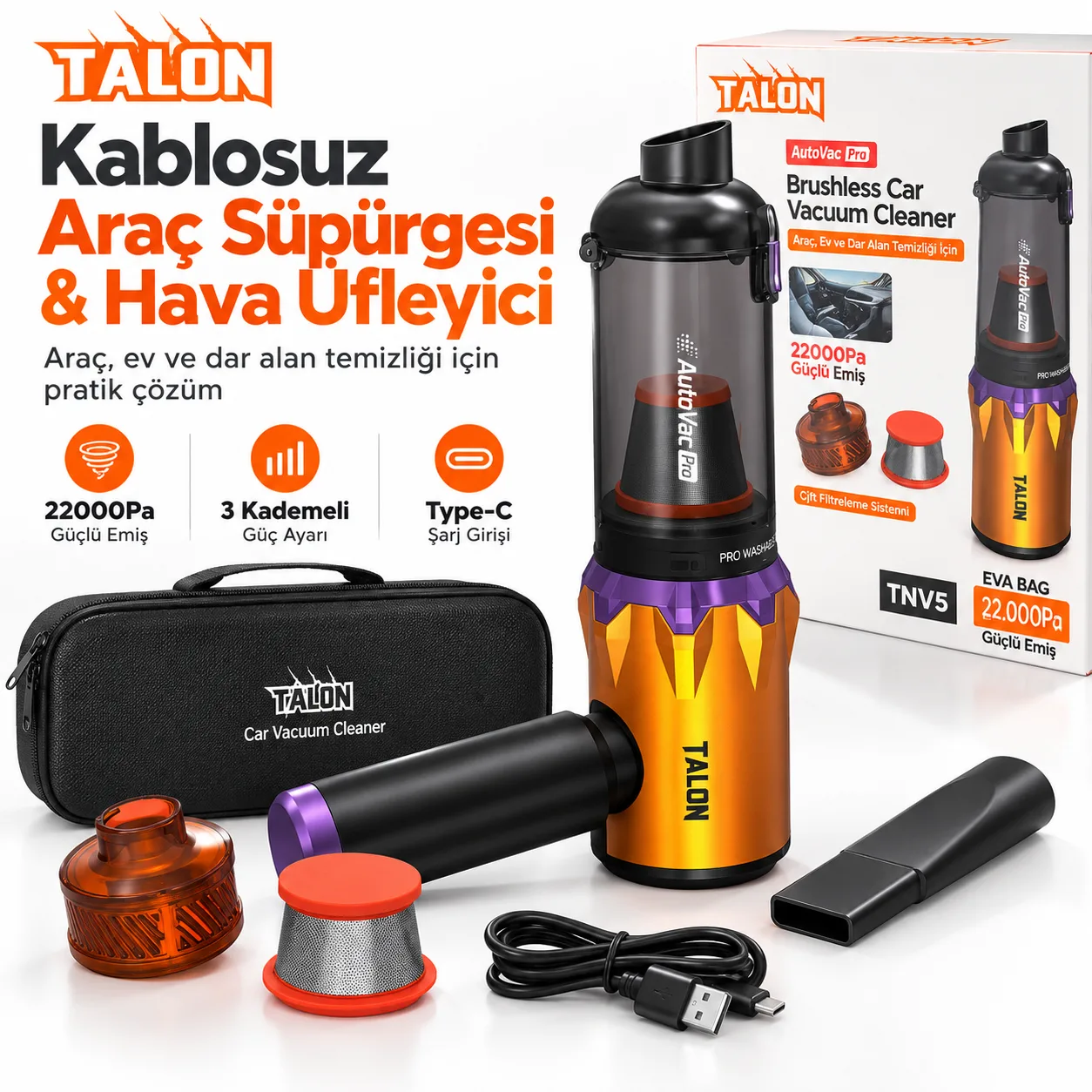 Talon TNV5 AutoVac Pro Kablosuz Araç Süpürgesi ve Hava Üfleyici – 22.000 Pa, Brushless Motor, 3 Kademeli