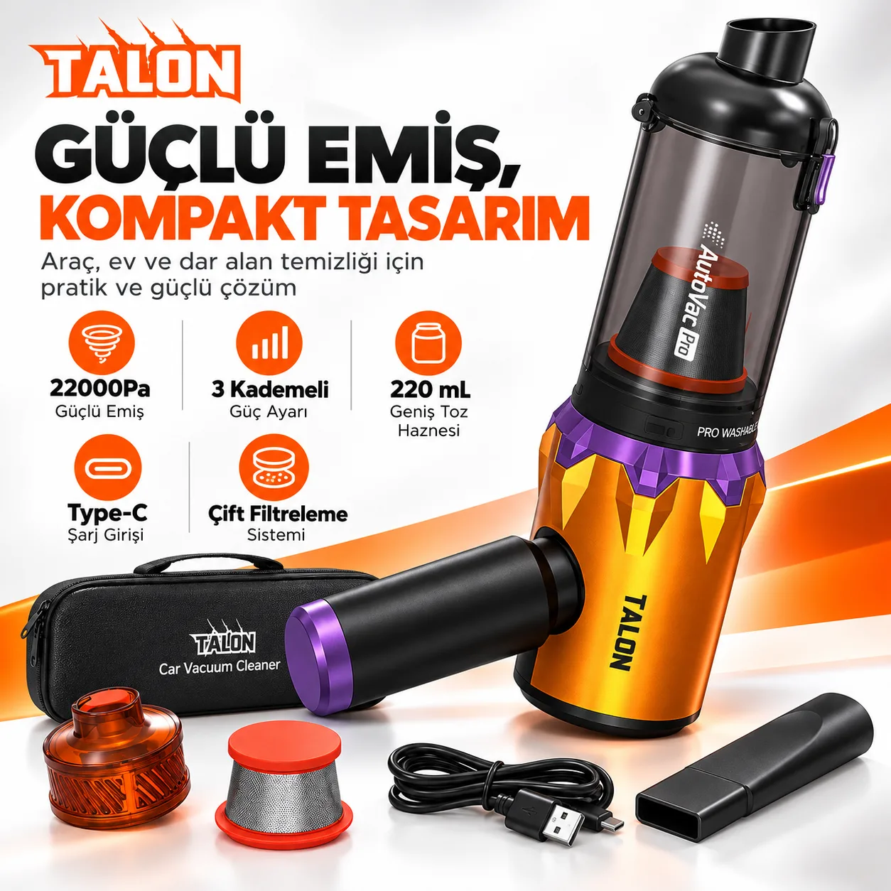 Talon TNV5 AutoVac Pro Kablosuz Araç Süpürgesi ve Hava Üfleyici – 22.000 Pa, Brushless Motor, 3 Kademeli