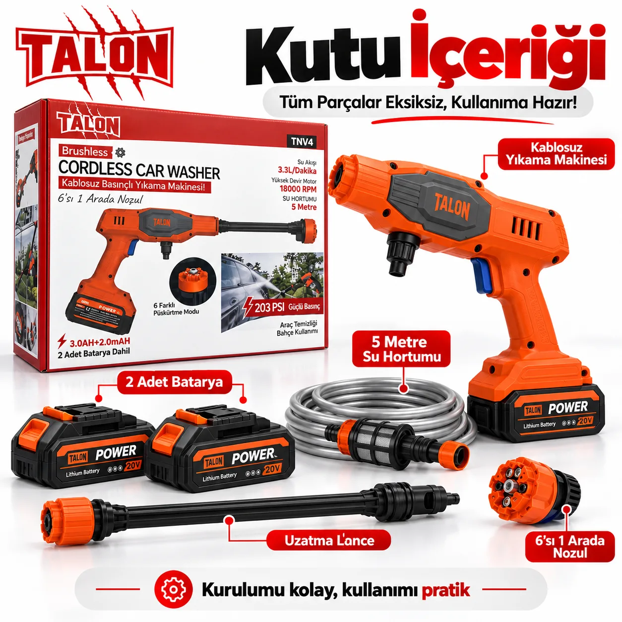 Talon TNV4 Kablosuz Basınçlı Yıkama Makinesi – 203 PSI, Brushless Motor, 2 Bataryalı