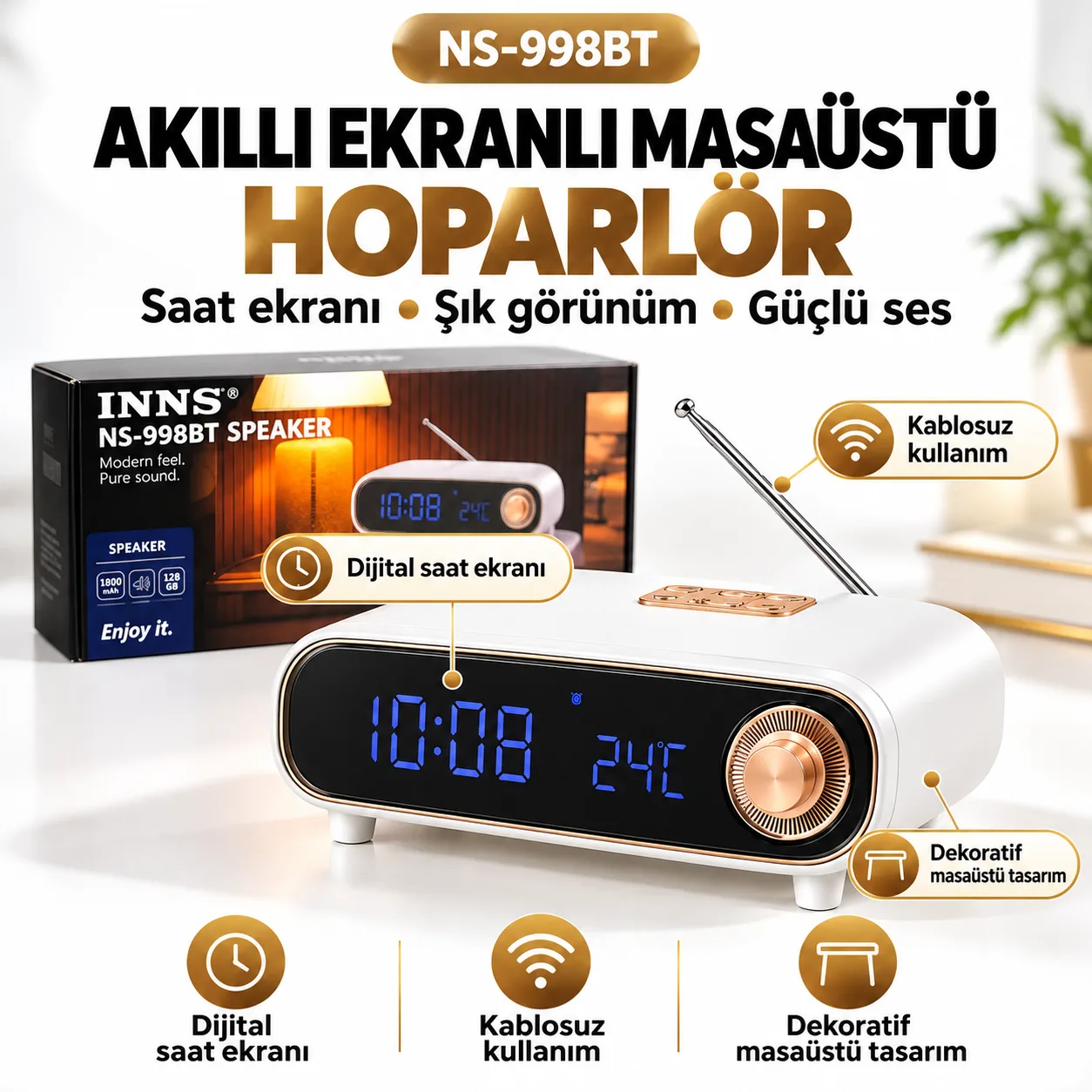 INNS NS-998BT Kablosuz Masaüstü Hoparlör – Dijital Saat Ekranı, FM Radyo ve 128 GB Kart Desteği